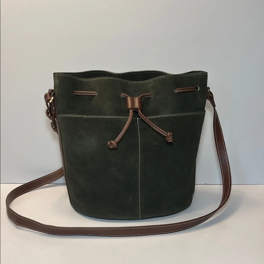 J. McLaughlin Ariana Green Suede Bucket Bag, brown leather trim - Picture 2 of 7